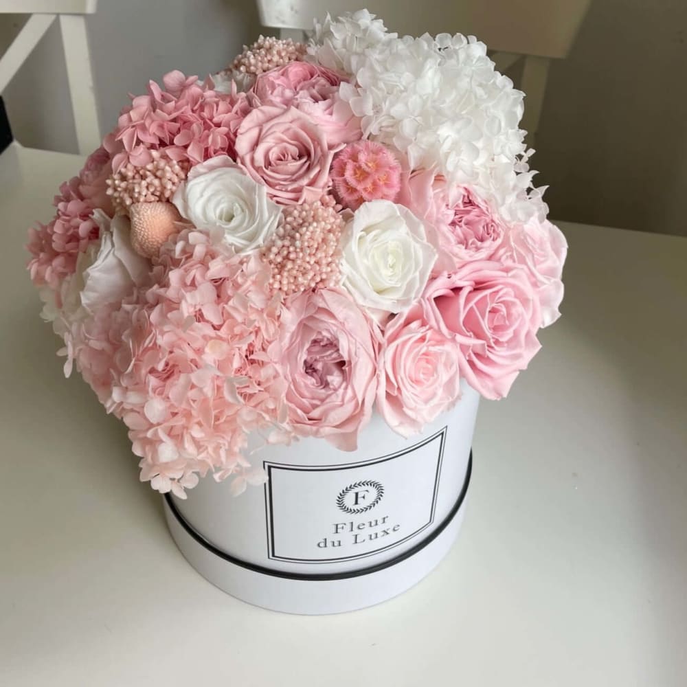 ROUND BOX: Pink Garden Mix Floral Arrangement - Fleur Du Luxe