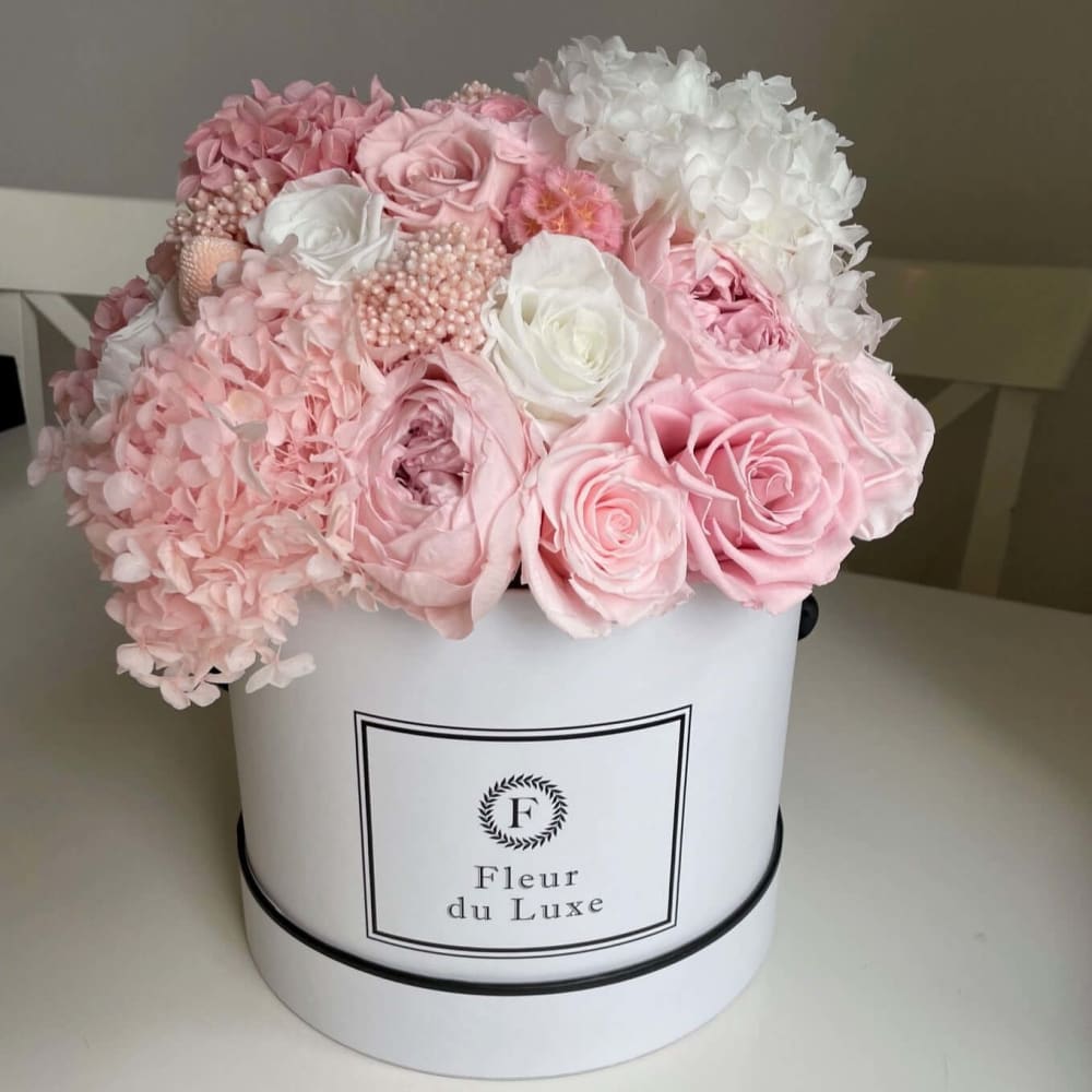 ROUND BOX: Pink Garden Mix Floral Arrangement - Fleur Du Luxe