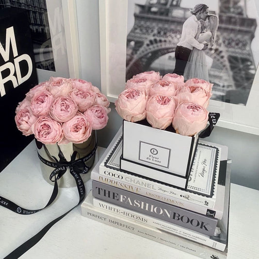 SQUARE BOX: Pale Pink Peonies - White - Flowers