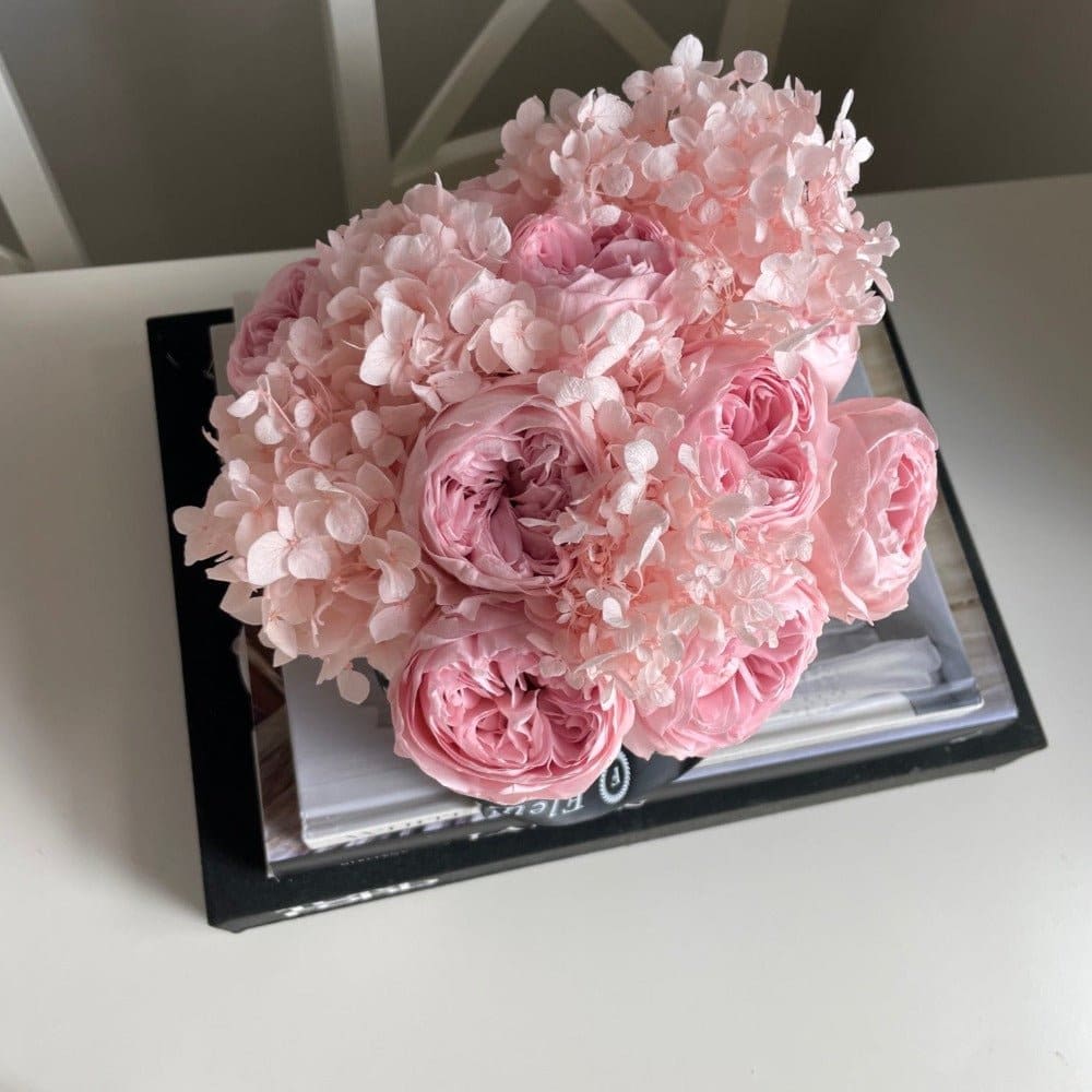 SQUARE BOX: Pink Peonies + Hydrangea - Black - Flowers