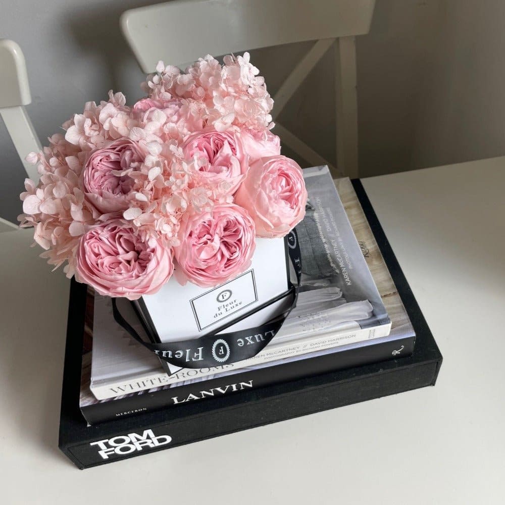 SQUARE BOX: Pink Peonies + Hydrangea - White - Flowers