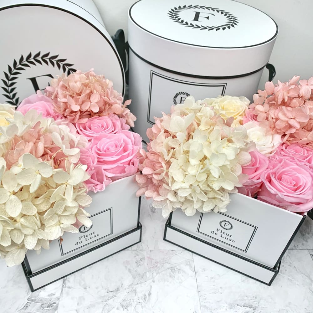 SQUARE BOX: Pink & White Hydrangea Mix - Flowers