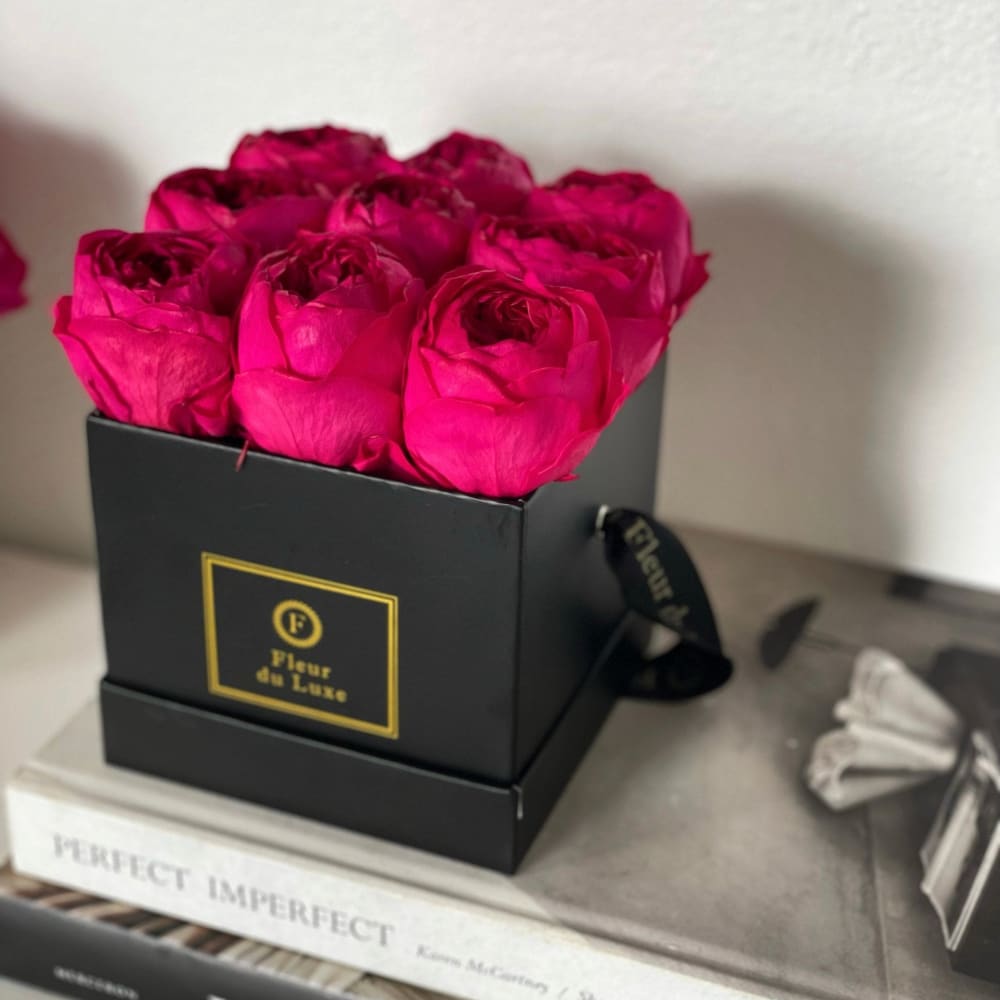 SQUARE BOX: Raspberry Pink Peonies - Black - Flowers